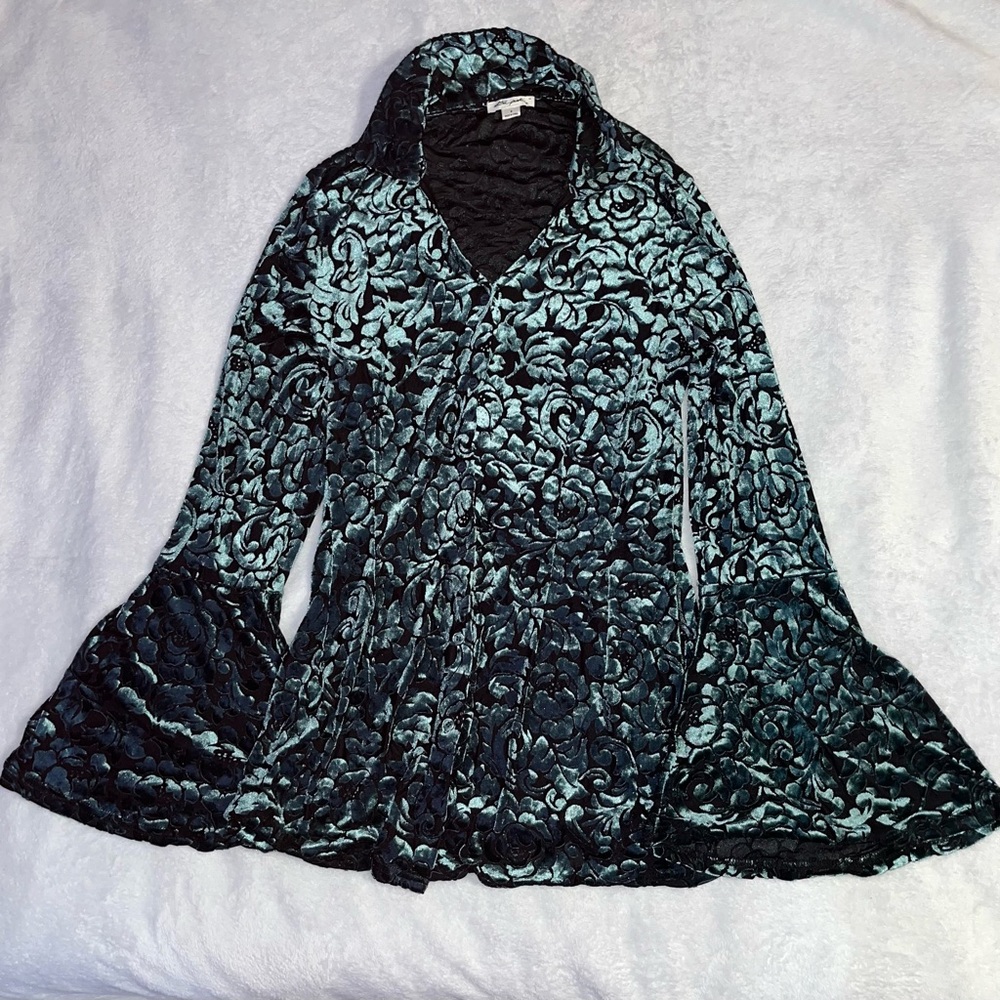 Ultra Pink Y2K Style Emerald Green Floral Flared Blouse